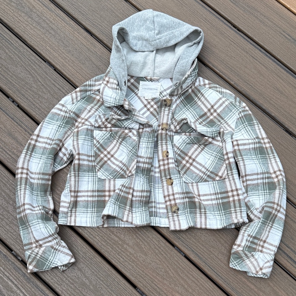 Aeropostale Plaid Crop Top with Hood - Green and Brown